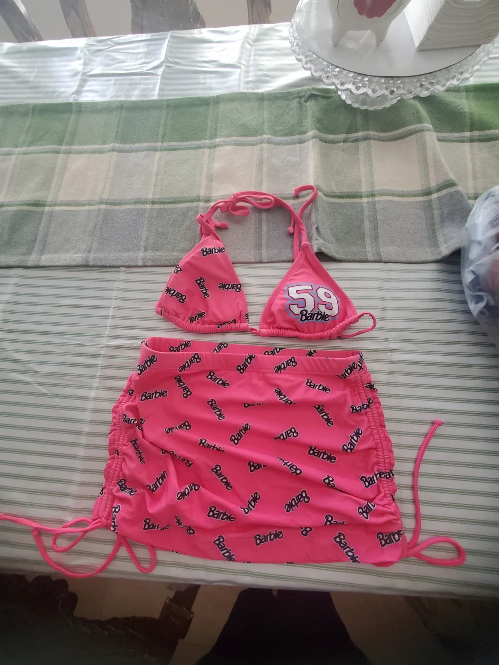 Barbie Bright Pink Logo Triangle Bikini with Ruched Skirt